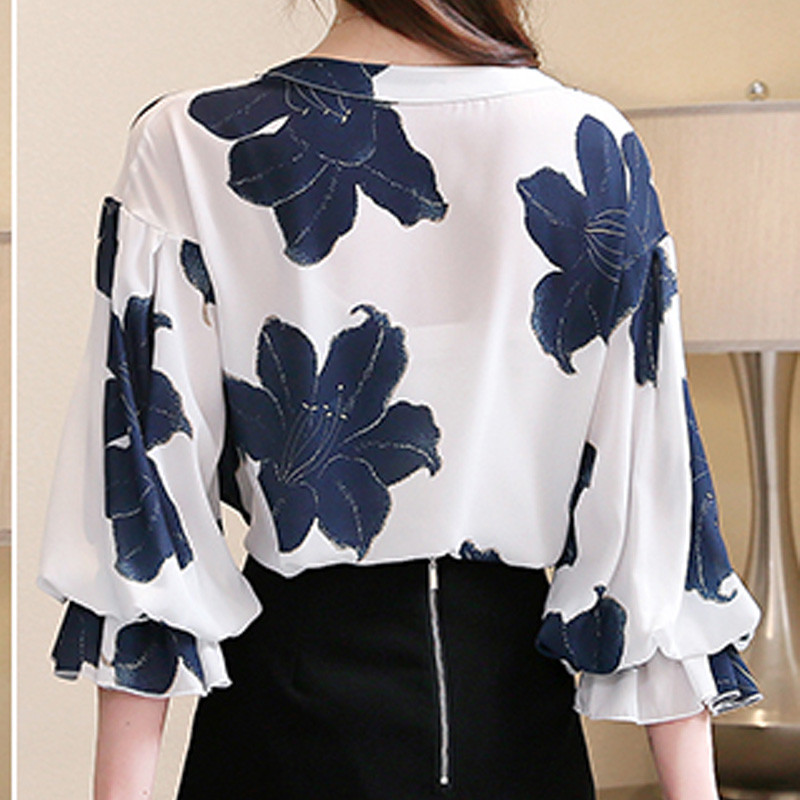 Ženske majice i bluze veće veličine bijela bluza harajuku ženske majice bluza od šifona V-izrez cvjetne košulje s puf rukavima 2878 50