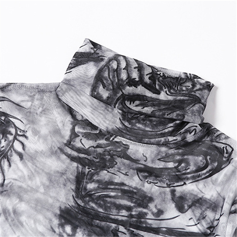 Ženska seksi mini haljina s dolčevitom s printom zmaja, prozirna mrežasta dolčevita s dugim rukavima, uske mini haljine za fitness