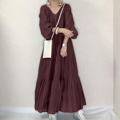 2023 m. rudens moteriška V formos iškirptė pūstomis rankovėmis, ilgas saulėlydis, laisvalaikio elegantiškas moteriškas raukinys vakarėliui Vestido Kaftan negabaritinė suknelė