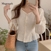 Kórejská vydlabaná čipkovaná košeľa, vintage dámska blúzka s výstrihom do V, šnurovacie oblečenie, sladký divoký štíhly top s dlhým rukávom, dámske bluzy 13100