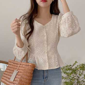 Корейска дантелена риза с издълбана реколта Дамска блуза с дантелено деколте Sweet Wild Slim Дамски блузи с дълъг ръкав 13100