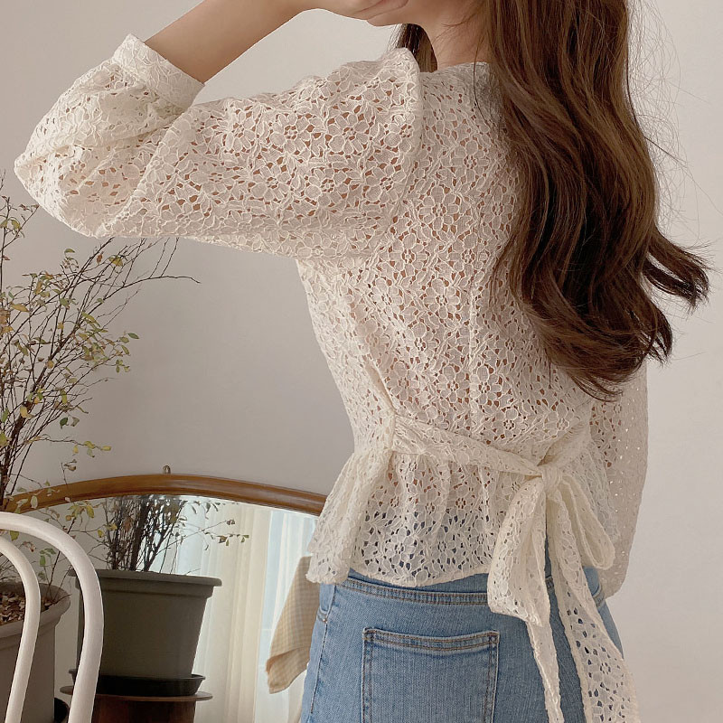 Kórejská vydlabaná čipkovaná košeľa, vintage dámska blúzka s výstrihom do V, šnurovacie oblečenie, sladký divoký štíhly top s dlhým rukávom, dámske bluzy 13100