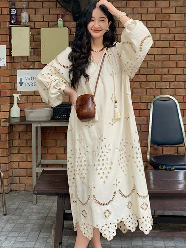 Rochie Boho scobită pentru femei ocazional rochie cu mânecă lungă și cu decolteu în V pentru femei, toamnă, stil coreean, rochii lungi cu ciucuri de modă vintage