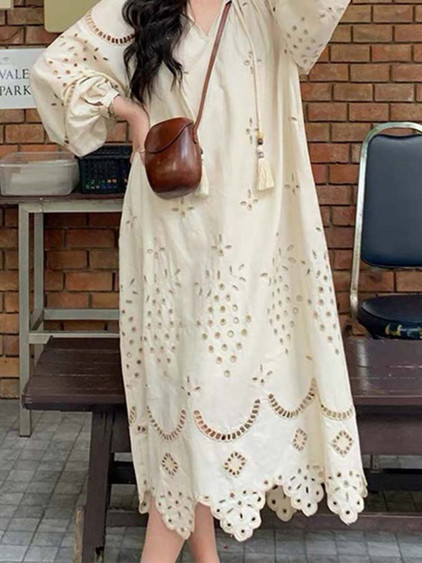 Rochie Boho scobită pentru femei ocazional rochie cu mânecă lungă și cu decolteu în V pentru femei, toamnă, stil coreean, rochii lungi cu ciucuri de modă vintage