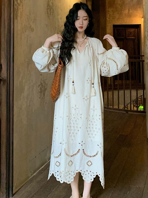 Rochie Boho scobită pentru femei ocazional rochie cu mânecă lungă și cu decolteu în V pentru femei, toamnă, stil coreean, rochii lungi cu ciucuri de modă vintage