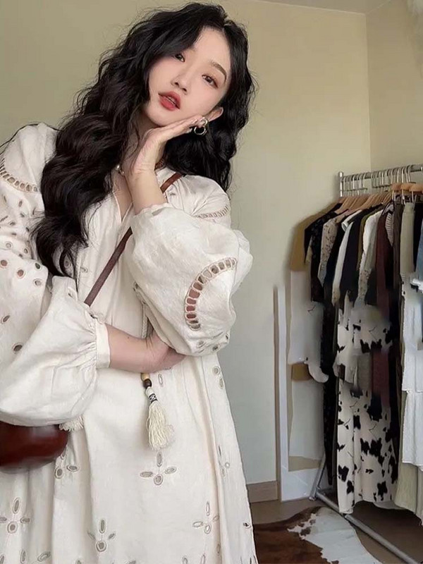 Rochie Boho scobită pentru femei ocazional rochie cu mânecă lungă și cu decolteu în V pentru femei, toamnă, stil coreean, rochii lungi cu ciucuri de modă vintage