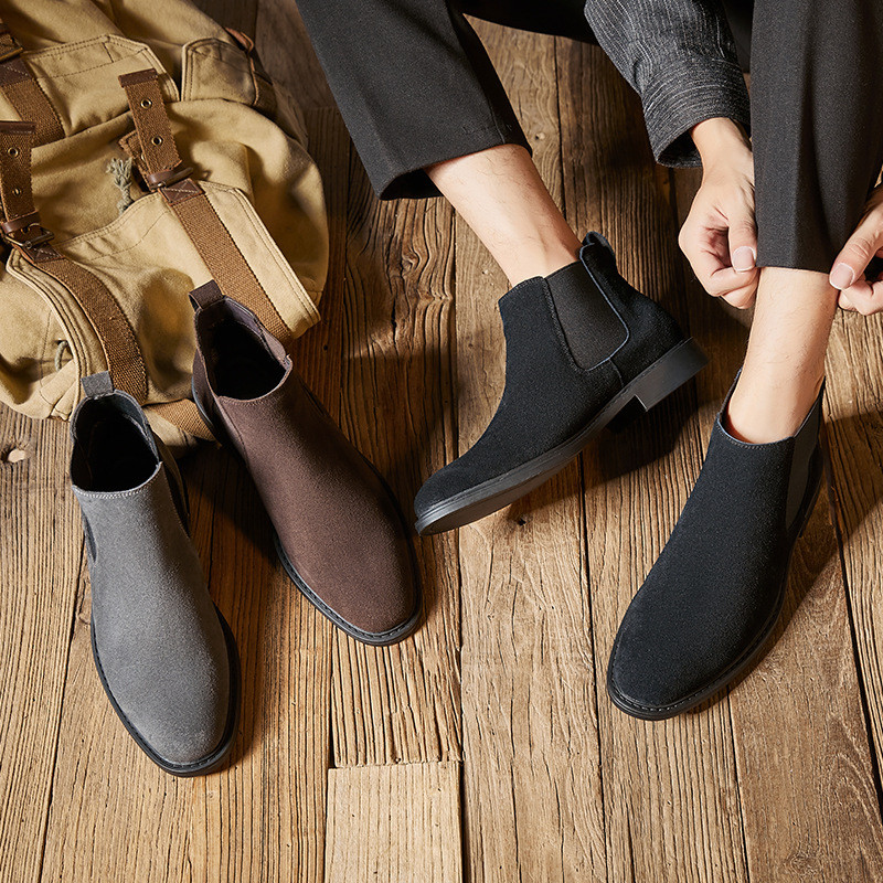Cizme chelsea mate în stil britanic pentru bărbați, din înalți, din piele de căprioară, cu vârful mijlociu, papuci cu vârf rotund, papuci cu cusut, negru gri