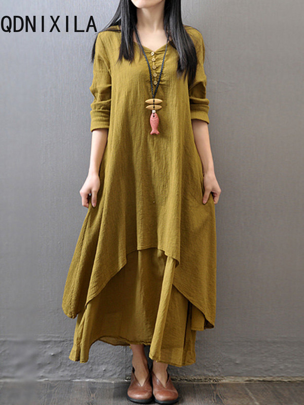 Korejska modna bijela haljina Ženske ljetne nove 2023. Nove široke elegantne ženske haljine dugih rukava O-izrez Ležerna suknja s džepovima do sredine potkoljenice