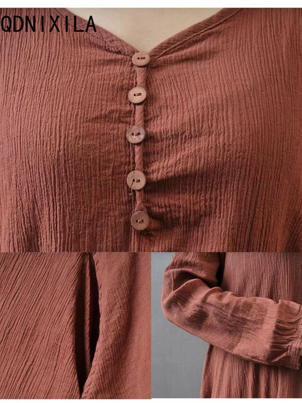 Korejska modna bijela haljina Ženske ljetne nove 2023. Nove široke elegantne ženske haljine dugih rukava O-izrez Ležerna suknja s džepovima do sredine potkoljenice