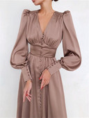 wsevypo Rochie midi de petrecere în linie A din satin elegantă pentru femei, cu mânecă lungă, cu decolteu în V, nasturi, rochii evazate, toamnă, primăvară, rochii noi