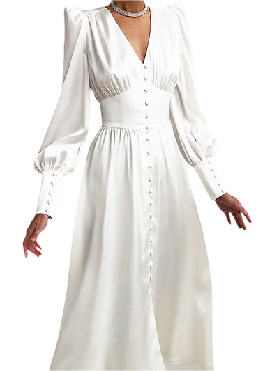 wsevypo Rochie midi de petrecere în linie A din satin elegantă pentru femei, cu mânecă lungă, cu decolteu în V, nasturi, rochii evazate, toamnă, primăvară, rochii noi