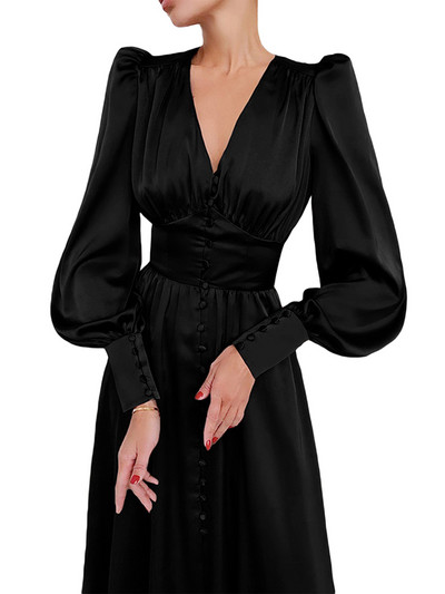 wsevypo Rochie midi de petrecere în linie A din satin elegantă pentru femei, cu mânecă lungă, cu decolteu în V, nasturi, rochii evazate, toamnă, primăvară, rochii noi