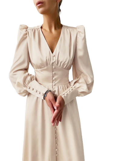 wsevypo Rochie midi de petrecere în linie A din satin elegantă pentru femei, cu mânecă lungă, cu decolteu în V, nasturi, rochii evazate, toamnă, primăvară, rochii noi