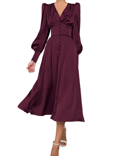 wsevypo Rochie midi de petrecere în linie A din satin elegantă pentru femei, cu mânecă lungă, cu decolteu în V, nasturi, rochii evazate, toamnă, primăvară, rochii noi