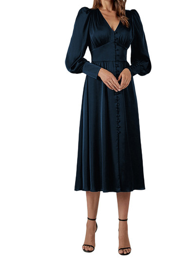 wsevypo Rochie midi de petrecere în linie A din satin elegantă pentru femei, cu mânecă lungă, cu decolteu în V, nasturi, rochii evazate, toamnă, primăvară, rochii noi