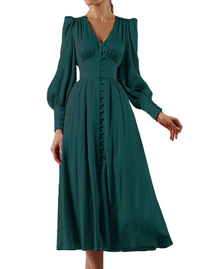 wsevypo Rochie midi de petrecere în linie A din satin elegantă pentru femei, cu mânecă lungă, cu decolteu în V, nasturi, rochii evazate, toamnă, primăvară, rochii noi