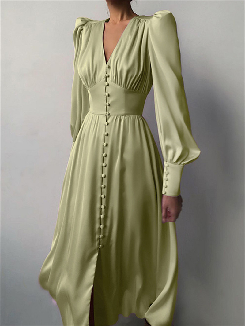 wsevypo Elegantne satiinist A-jooneline peokleit Naiste latern pikkade varrukatega V-kaelusega nööbid Põlevad kleidid Sügiskevad Uued Vestidos