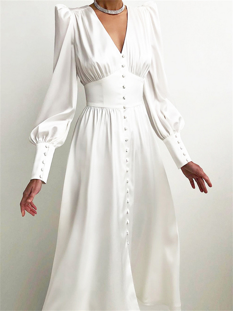 wsevypo Elegantne satiinist A-jooneline peokleit Naiste latern pikkade varrukatega V-kaelusega nööbid Põlevad kleidid Sügiskevad Uued Vestidos