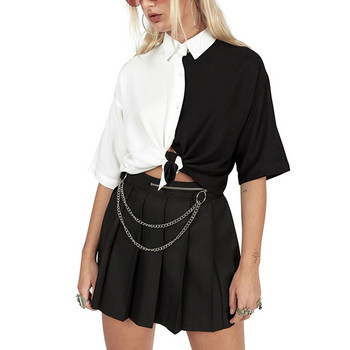 Готини черно-бели пачуърк блузи Дамски летни ризи с къс ръкав Дизайн на копчета Дамска риза Блуза с панделки Горнище с контрастен цвят