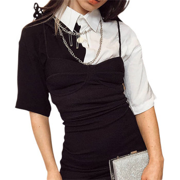 Готини черно-бели пачуърк блузи Дамски летни ризи с къс ръкав Дизайн на копчета Дамска риза Блуза с панделки Горнище с контрастен цвят