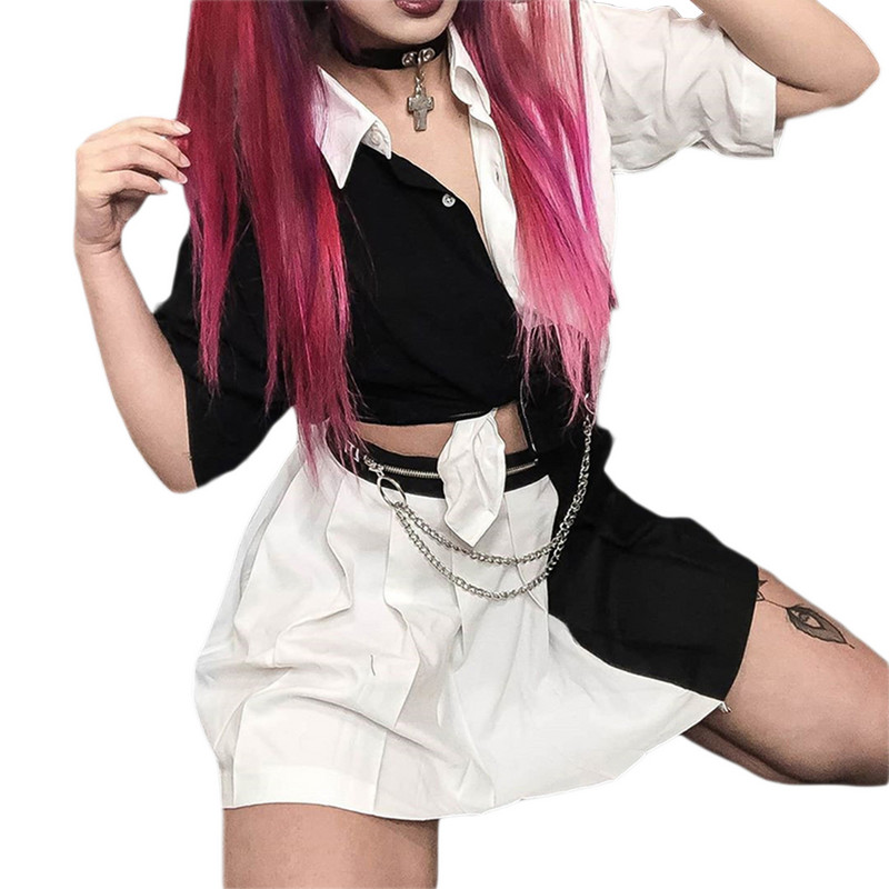 Δροσερό μαύρο λευκό συνονθύλευμα μπλούζες Γυναικεία κοντομάνικα καλοκαιρινά πουκάμισα με κουμπί Σχέδιο γυναικείο πουκάμισο με παπιγιόν μπλούζα με αντίθεση χρώματος Top