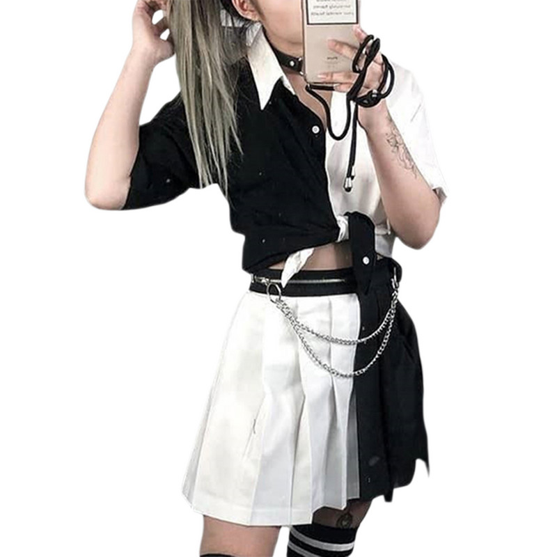 Δροσερό μαύρο λευκό συνονθύλευμα μπλούζες Γυναικεία κοντομάνικα καλοκαιρινά πουκάμισα με κουμπί Σχέδιο γυναικείο πουκάμισο με παπιγιόν μπλούζα με αντίθεση χρώματος Top