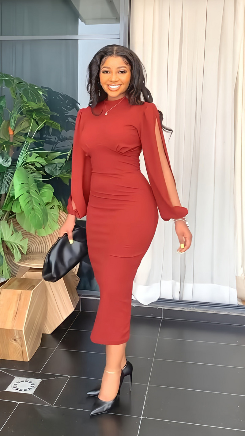 Jarné letné elegantné štíhle šaty pre ženy módne okrúhle výstrih s dlhým rukávom štíhle spoločenské šaty pre ženy