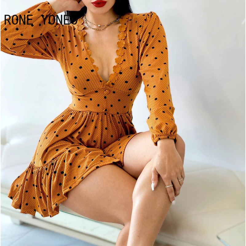 Femei șic cu buline cu decolteu în V adânc, mâneci lungi, cu nasturi în linie, mini rochie cu decorațiuni tridimensionale florale