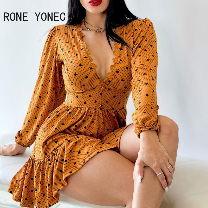 Femei șic cu buline cu decolteu în V adânc, mâneci lungi, cu nasturi în linie, mini rochie cu decorațiuni tridimensionale florale