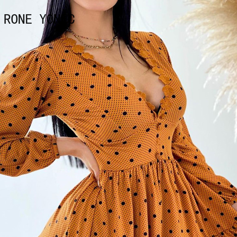 Femei șic cu buline cu decolteu în V adânc, mâneci lungi, cu nasturi în linie, mini rochie cu decorațiuni tridimensionale florale