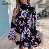 Southpire Rochii mini cu mânecă lungă, cu gât înalt, cu imprimeu floral, pentru femei, ocazional, rochie de soare pentru femei