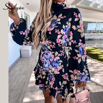 Southpire Γυναικεία Navy floral στάμπα Φαρδιά Μίνι Φορέματα Μακρυμάνικα με ψηλό λαιμό Vestidos Casual Ladies Sundress