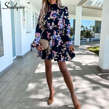 Southpire Γυναικεία Navy floral στάμπα Φαρδιά Μίνι Φορέματα Μακρυμάνικα με ψηλό λαιμό Vestidos Casual Ladies Sundress