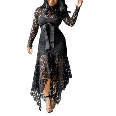 70% vânzări fierbinți pentru femei, cu mânecă lungă, cu fundă, cu tiv neregulat, dantelă goală, rochie lungă, bodycon, sexy