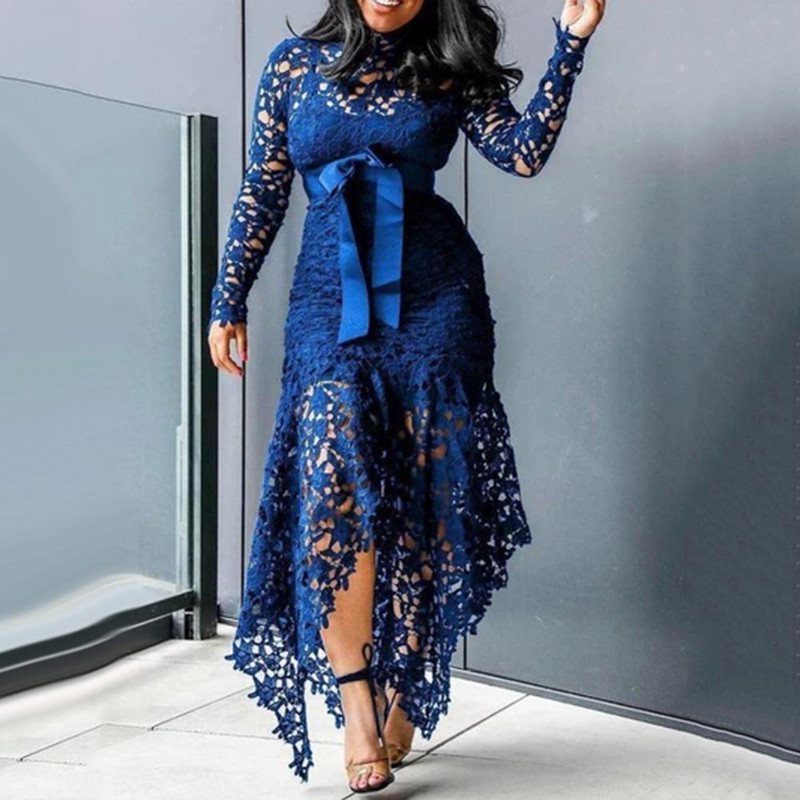 70% vânzări fierbinți pentru femei, cu mânecă lungă, cu fundă, cu tiv neregulat, dantelă goală, rochie lungă, bodycon, sexy