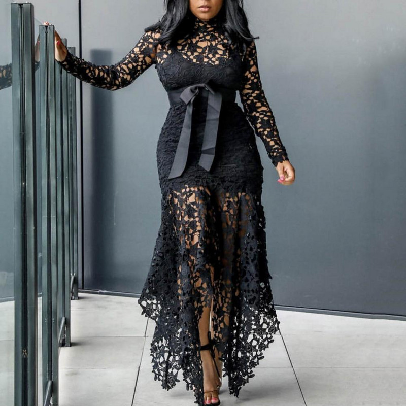 70% vânzări fierbinți pentru femei, cu mânecă lungă, cu fundă, cu tiv neregulat, dantelă goală, rochie lungă, bodycon, sexy