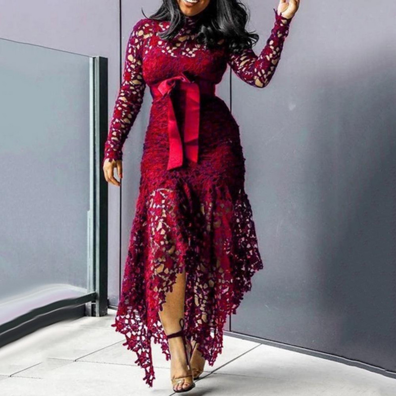 70% vânzări fierbinți pentru femei, cu mânecă lungă, cu fundă, cu tiv neregulat, dantelă goală, rochie lungă, bodycon, sexy