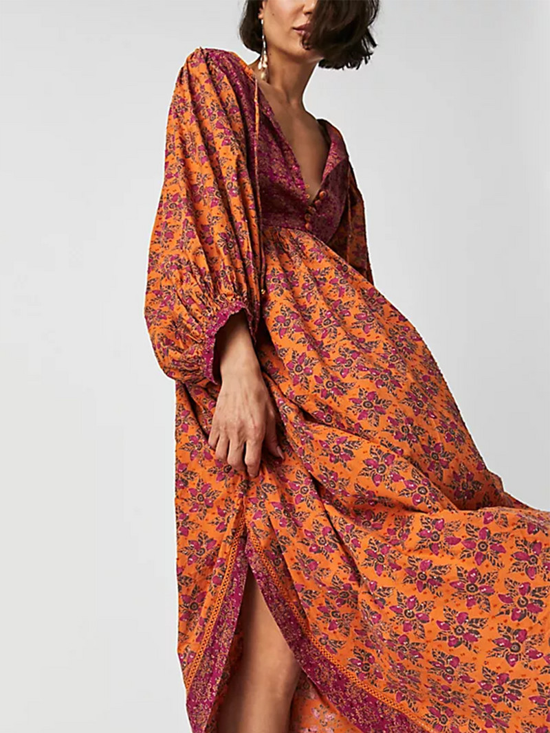 Ženske dugačke haljine s dugmadima s prednjim izrezom i bočnim prorezima s džepovima Boemska duga haljina s cvjetnim uzorkom na vezanje za odmor na plaži