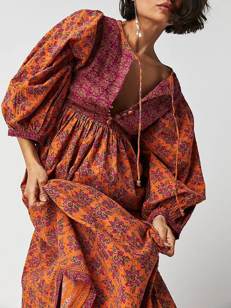 Ženske dugačke haljine s dugmadima s prednjim izrezom i bočnim prorezima s džepovima Boemska duga haljina s cvjetnim uzorkom na vezanje za odmor na plaži