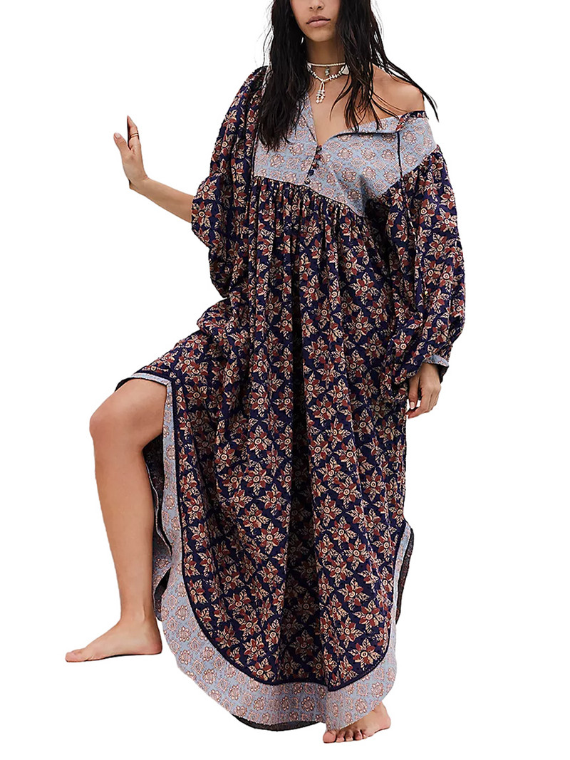 Ženske dugačke haljine s dugmadima s prednjim izrezom i bočnim prorezima s džepovima Boemska duga haljina s cvjetnim uzorkom na vezanje za odmor na plaži