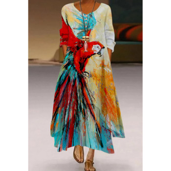 Floral Parrot Print Maxi Μακρύ Φόρεμα Γυναικεία Μόδα Βραδινά Φορέματα για πάρτι Σέξι ψηλόμεση ρόμπα Καλοκαιρινό μακρυμάνικο κομψό φόρεμα