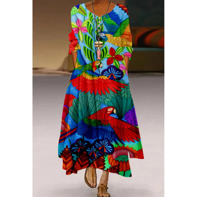 Rochie lungă maxi cu imprimeu floral papagal Rochii de seară de petrecere la modă pentru femei Robă sexy cu talie înaltă Rochie elegantă de vară cu mâneci lungi
