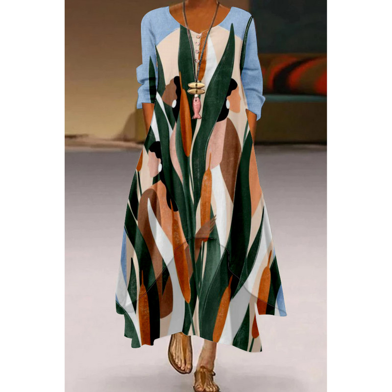 Rochie lungă maxi cu imprimeu floral papagal Rochii de seară de petrecere la modă pentru femei Robă sexy cu talie înaltă Rochie elegantă de vară cu mâneci lungi