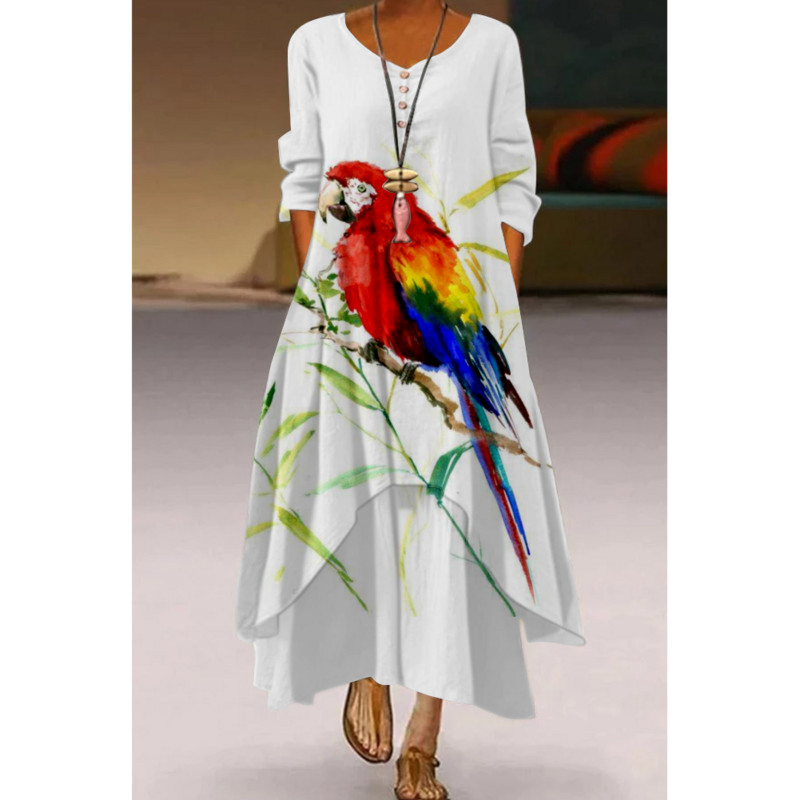 Rochie lungă maxi cu imprimeu floral papagal Rochii de seară de petrecere la modă pentru femei Robă sexy cu talie înaltă Rochie elegantă de vară cu mâneci lungi