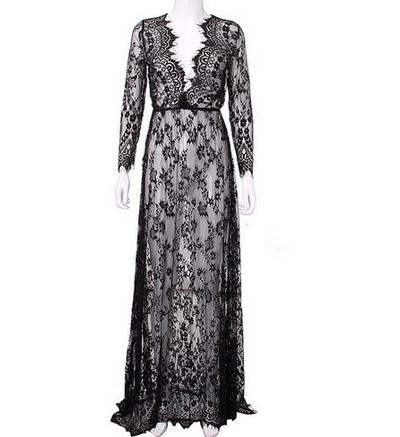 Ruha Női Nyári szexi mély V-nyakú fehér, hosszú ujjú átlátszó csipke, szűk záró kötés Ruhák Alkalmi Vestidos BLK0894