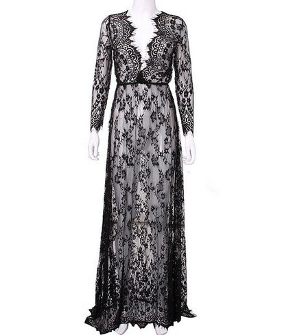 Ruha Női Nyári szexi mély V-nyakú fehér, hosszú ujjú átlátszó csipke, szűk záró kötés Ruhák Alkalmi Vestidos BLK0894