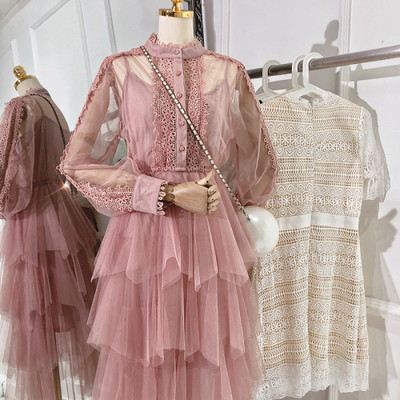 Potpuno nova čipkasta haljina s dugim rukavima i dugim rukavima iz 2023., prozirna višeslojna torta haljina visokog struka, slatka midi haljina, vestidos