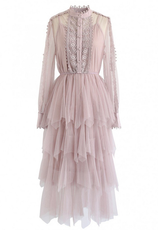 Potpuno nova čipkasta haljina s dugim rukavima i dugim rukavima iz 2023., prozirna višeslojna torta haljina visokog struka, slatka midi haljina, vestidos