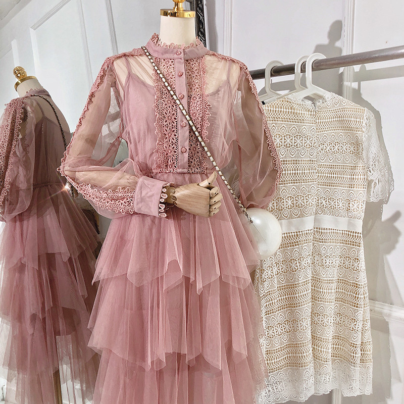 Potpuno nova čipkasta haljina s dugim rukavima i dugim rukavima iz 2023., prozirna višeslojna torta haljina visokog struka, slatka midi haljina, vestidos