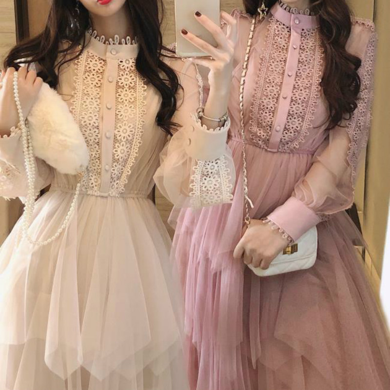 Potpuno nova čipkasta haljina s dugim rukavima i dugim rukavima iz 2023., prozirna višeslojna torta haljina visokog struka, slatka midi haljina, vestidos
